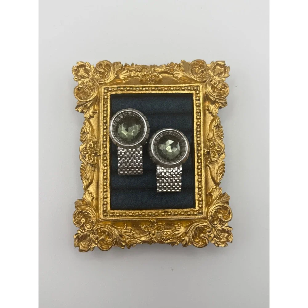 Swank Wrap Cufflinks OS Silver Tone Mesh Green Glass Stone Mid Century Modern